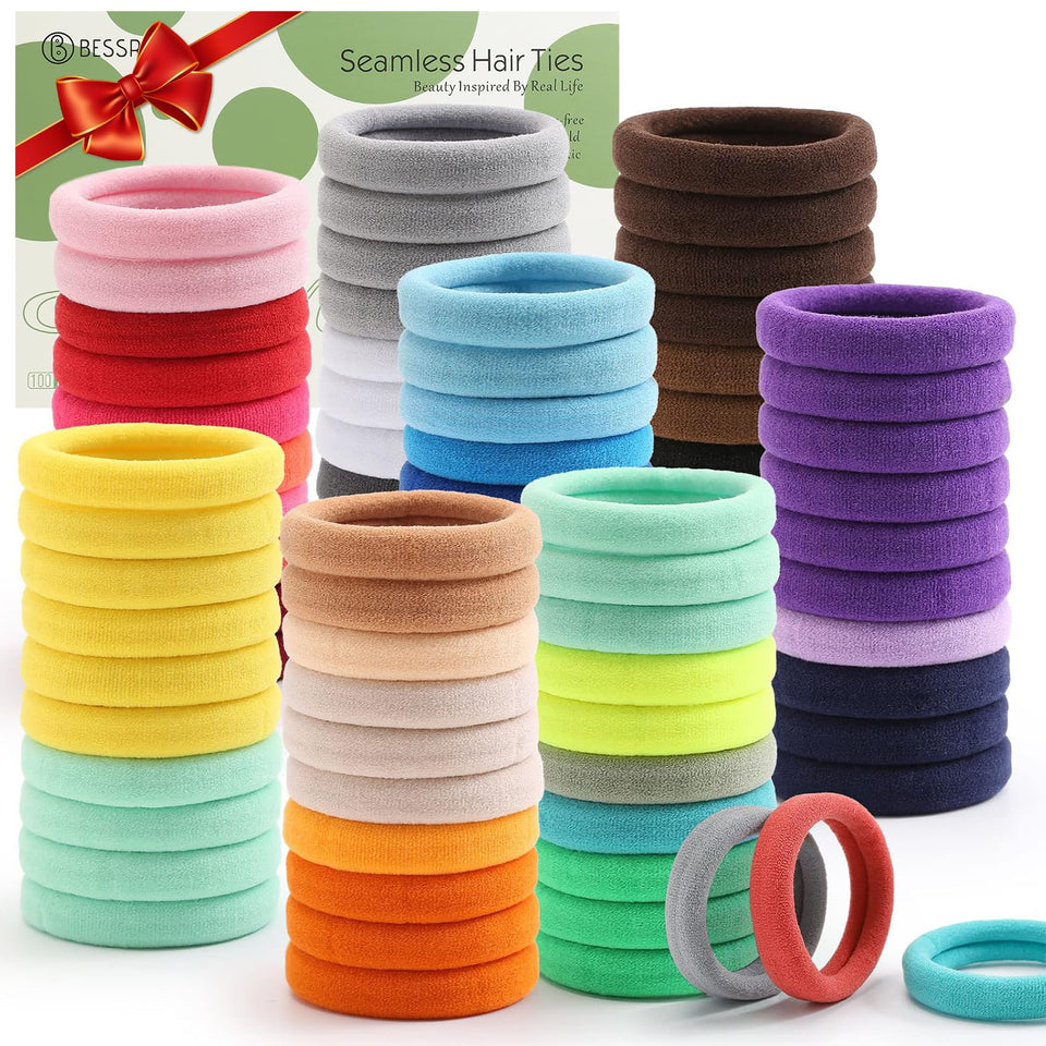 Bessrung front packaging showing 100 assorted hair ties and benefits