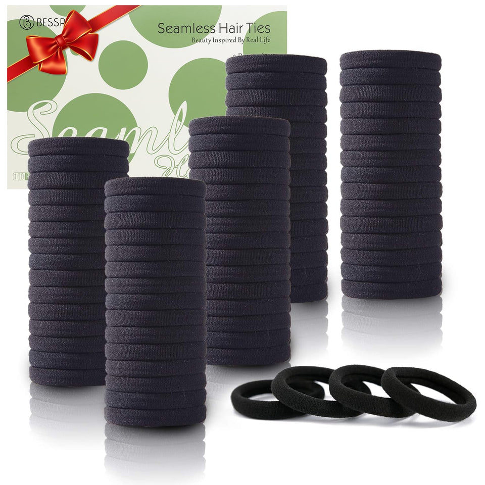 Bessrung front packaging showing 100 black hair ties and value pack benefit