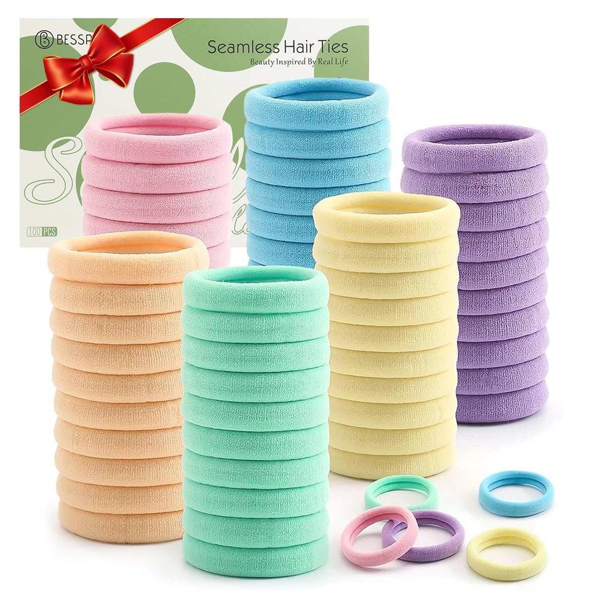 Bessrung front packaging showing 100-piece spring hair ties and value