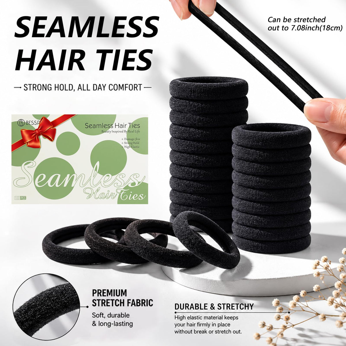 Bessrung used in a ponytail on woman showing secure, comfortable hold during activity