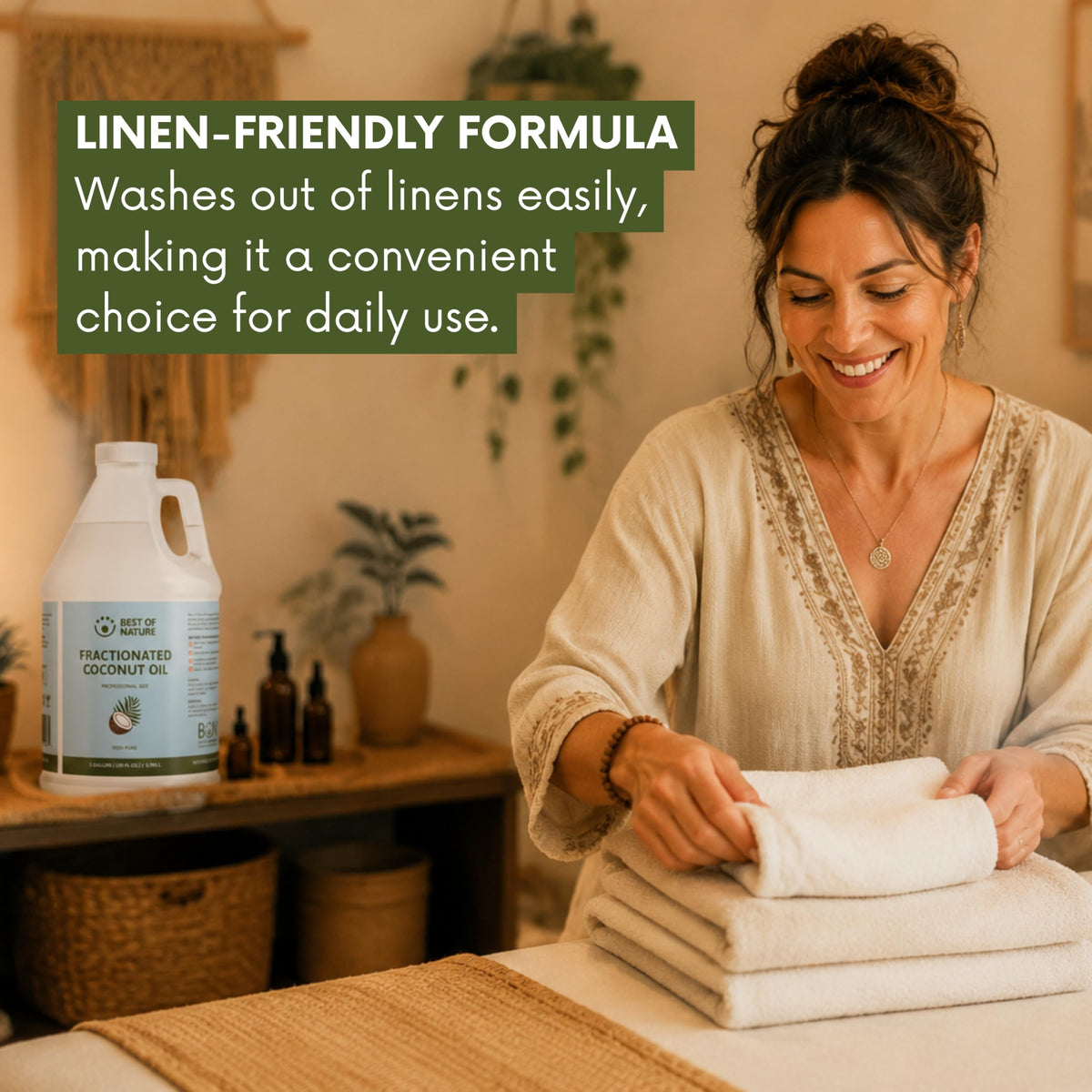 Best of Nature bottle beside clean linen showing easy washout benefit