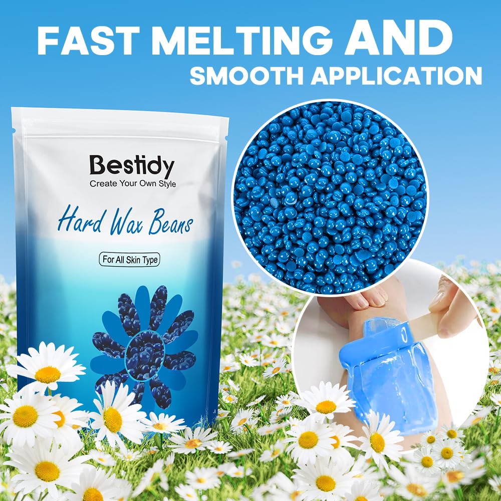 Bestidy melted wax in warmer showing honey-like consistency for comfortable application
