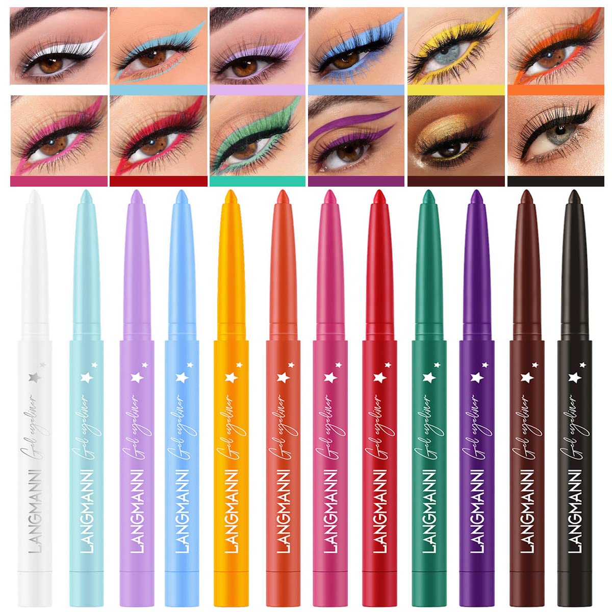 BestLand front packaging showing the 12-color eyeliner set and benefits