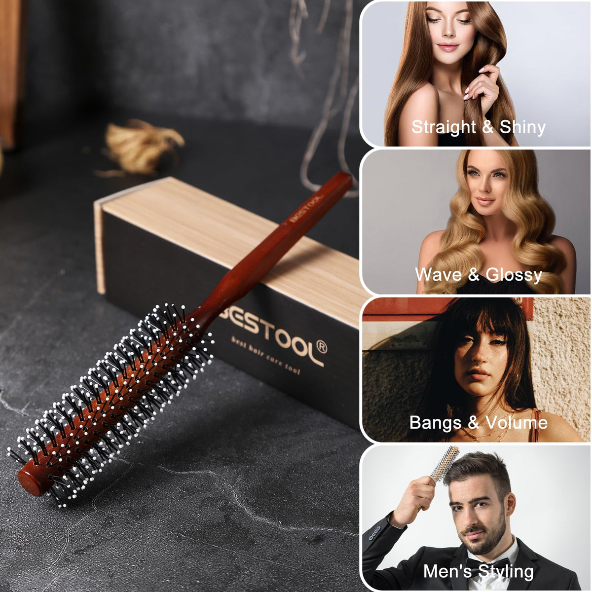 BESTOOL brush used with blow dryer creating volume and smooth finish on short hair