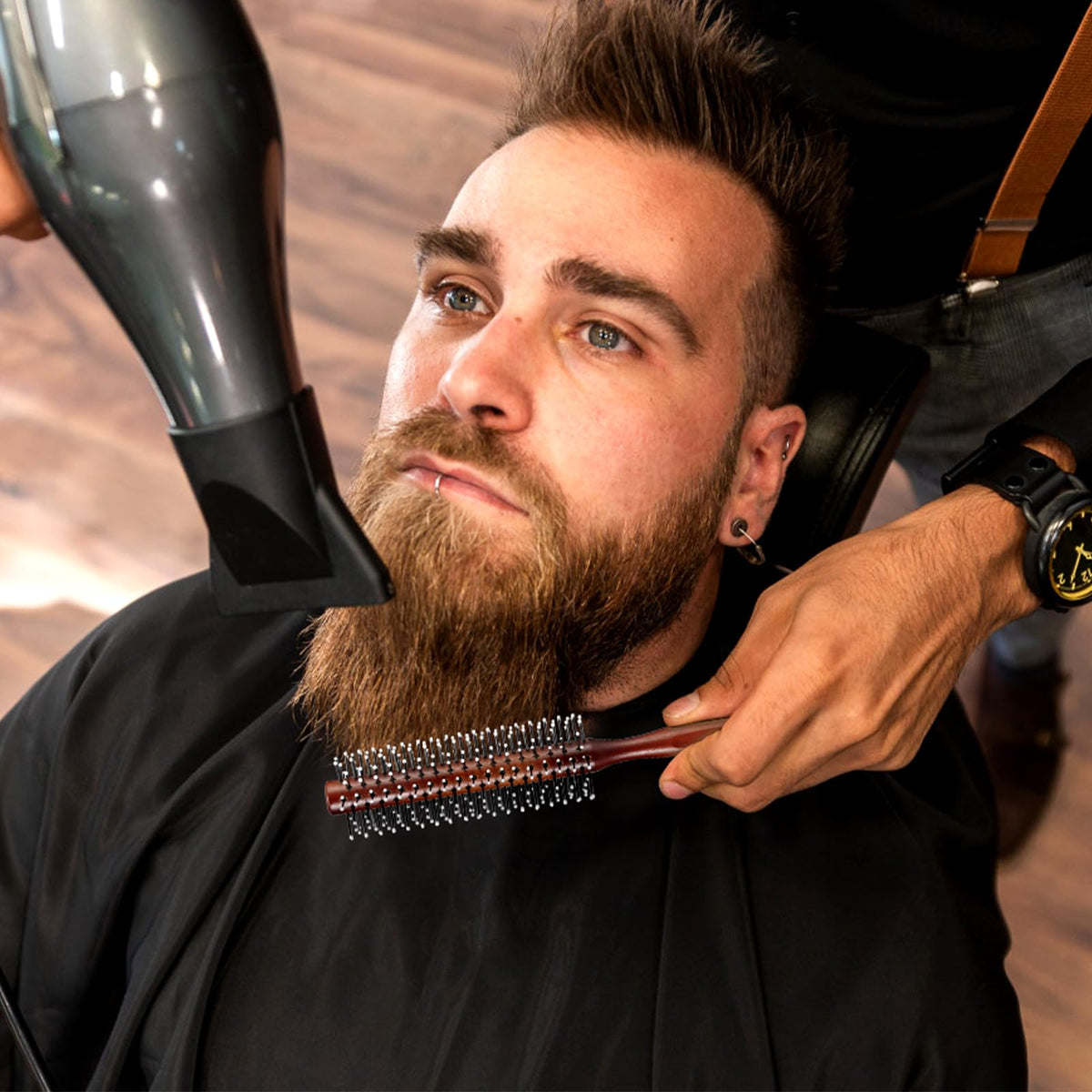 BESTOOL brush styling a short beard to shape edges and distribute grooming product