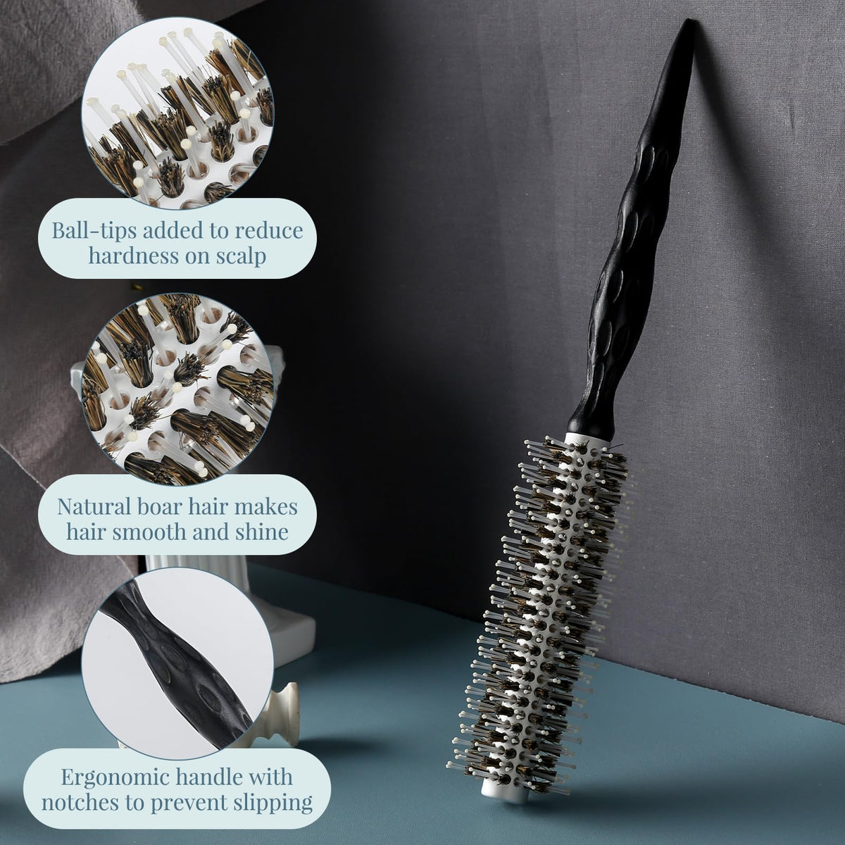 BESTOOL close-up of mixed boar and nylon bristles improving shine and detangling