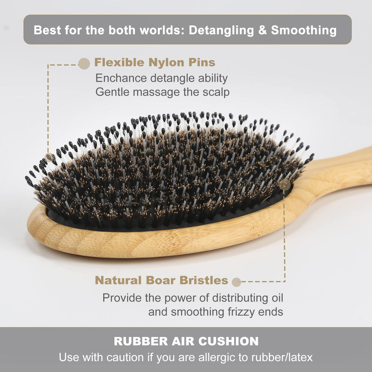 BESTOOL close-up of mixed boar and nylon bristles for detangling and smoothing benefits