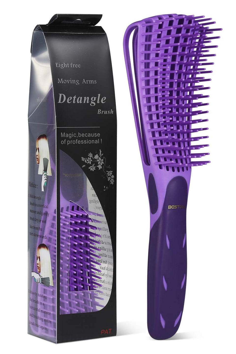 BESTOOL detangling brush front view showing purple finish and compact shape, improves styling control