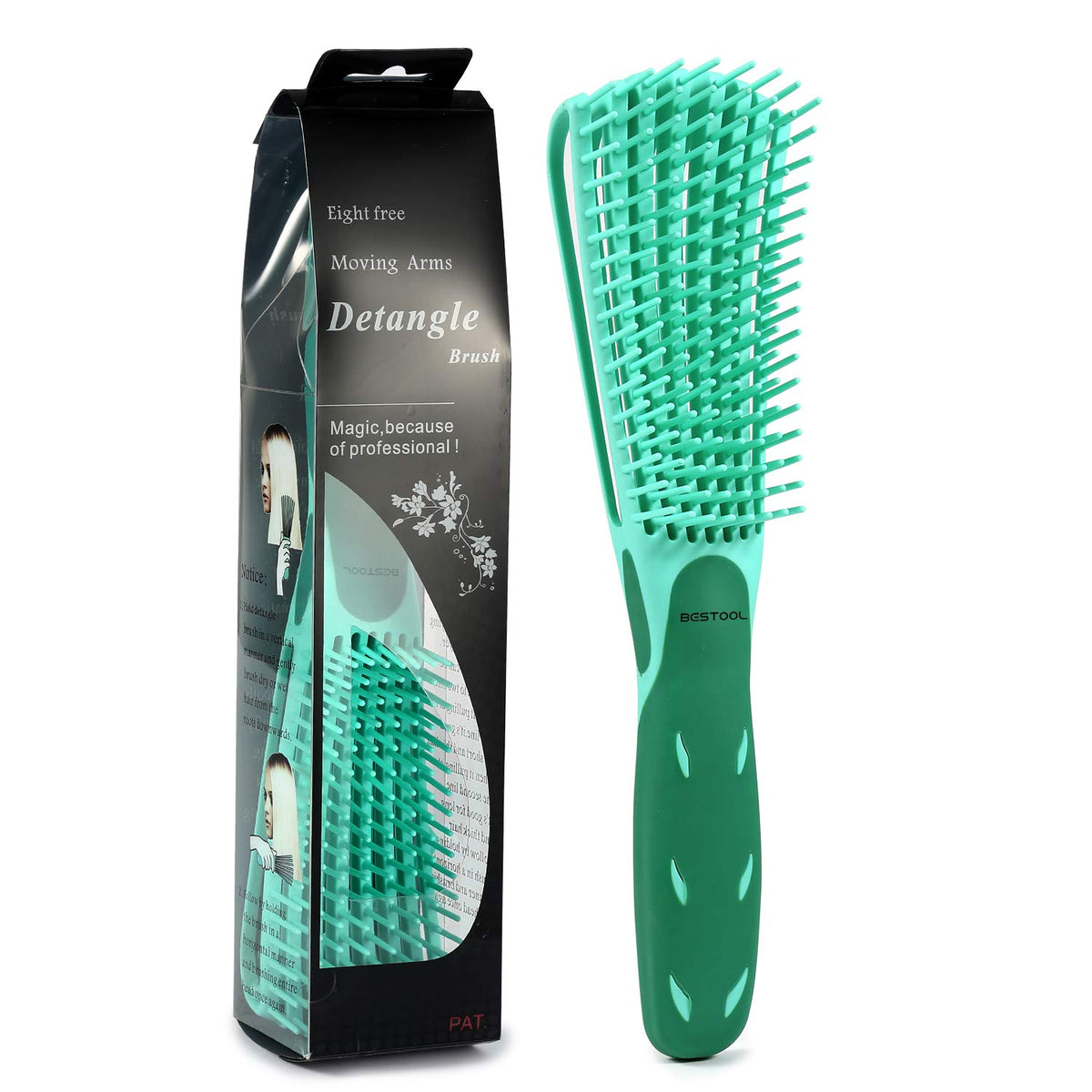 BESTOOL front view of green detangling brush showing compact shape and quick detangling benefit