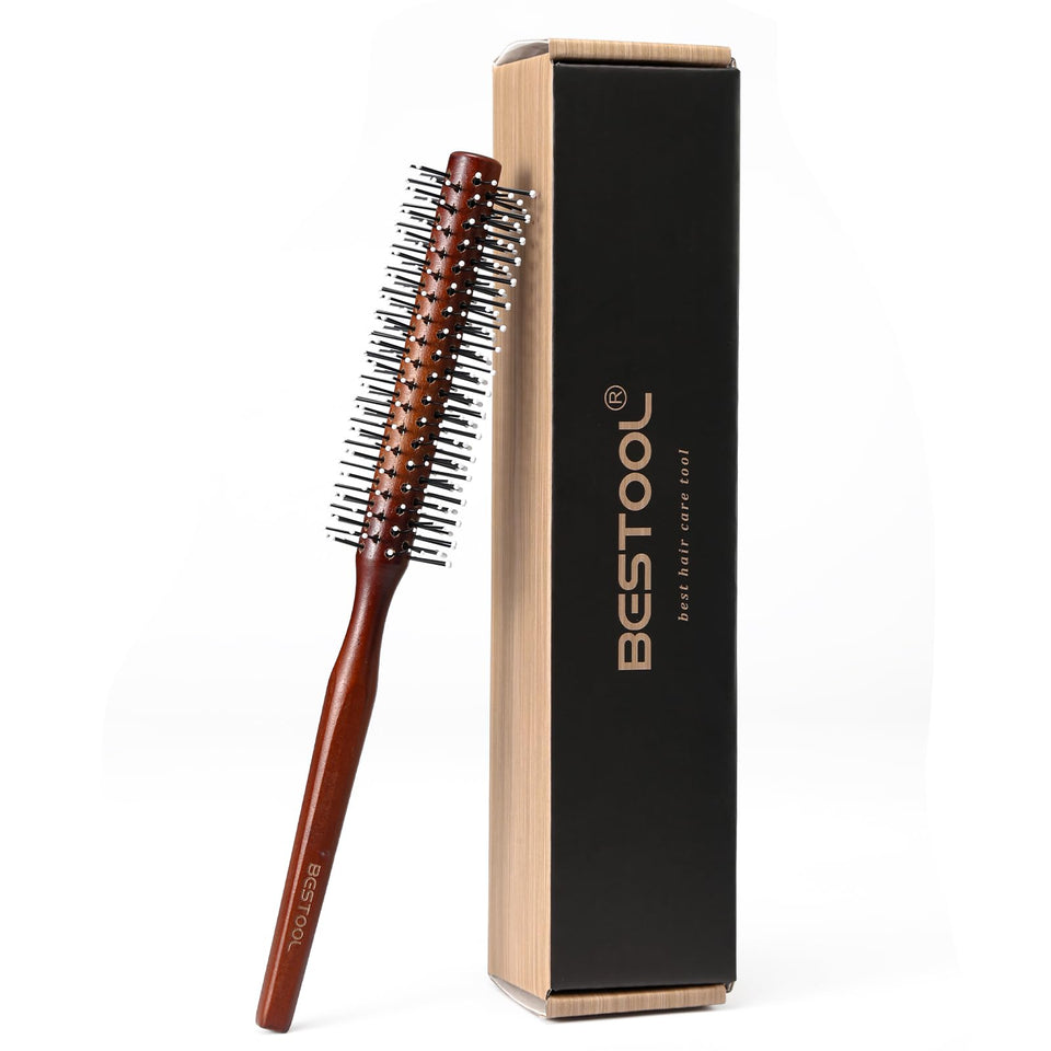 BESTOOL front view of round brush showing wood handle and compact barrel for easy styling