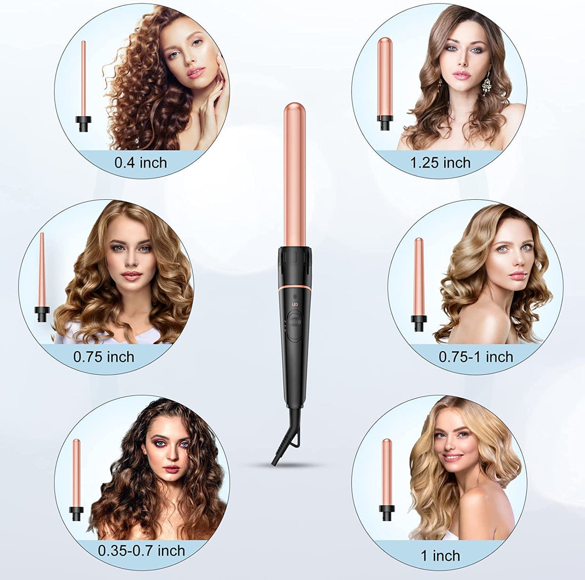 BESTOPE PRO arranged barrel collection showing six ceramic barrels for multiple curl sizes