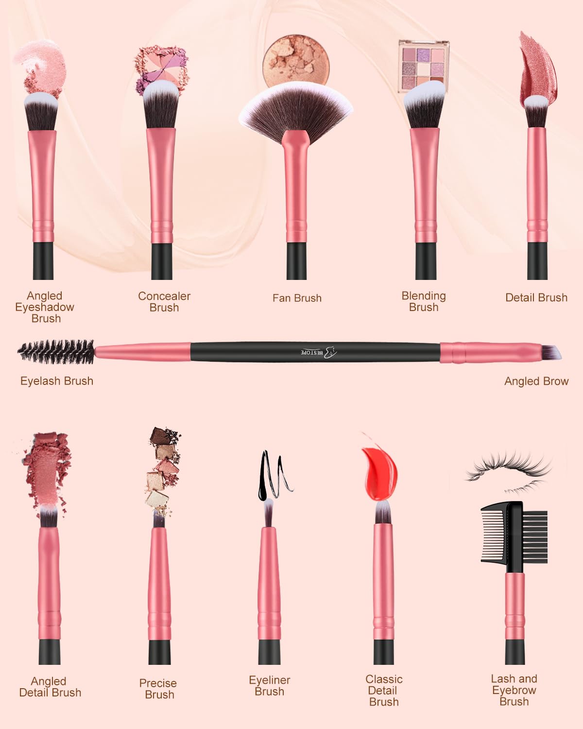 BESTOPE PRO eye brushes arranged to show variety for crease, blend, and liner precision