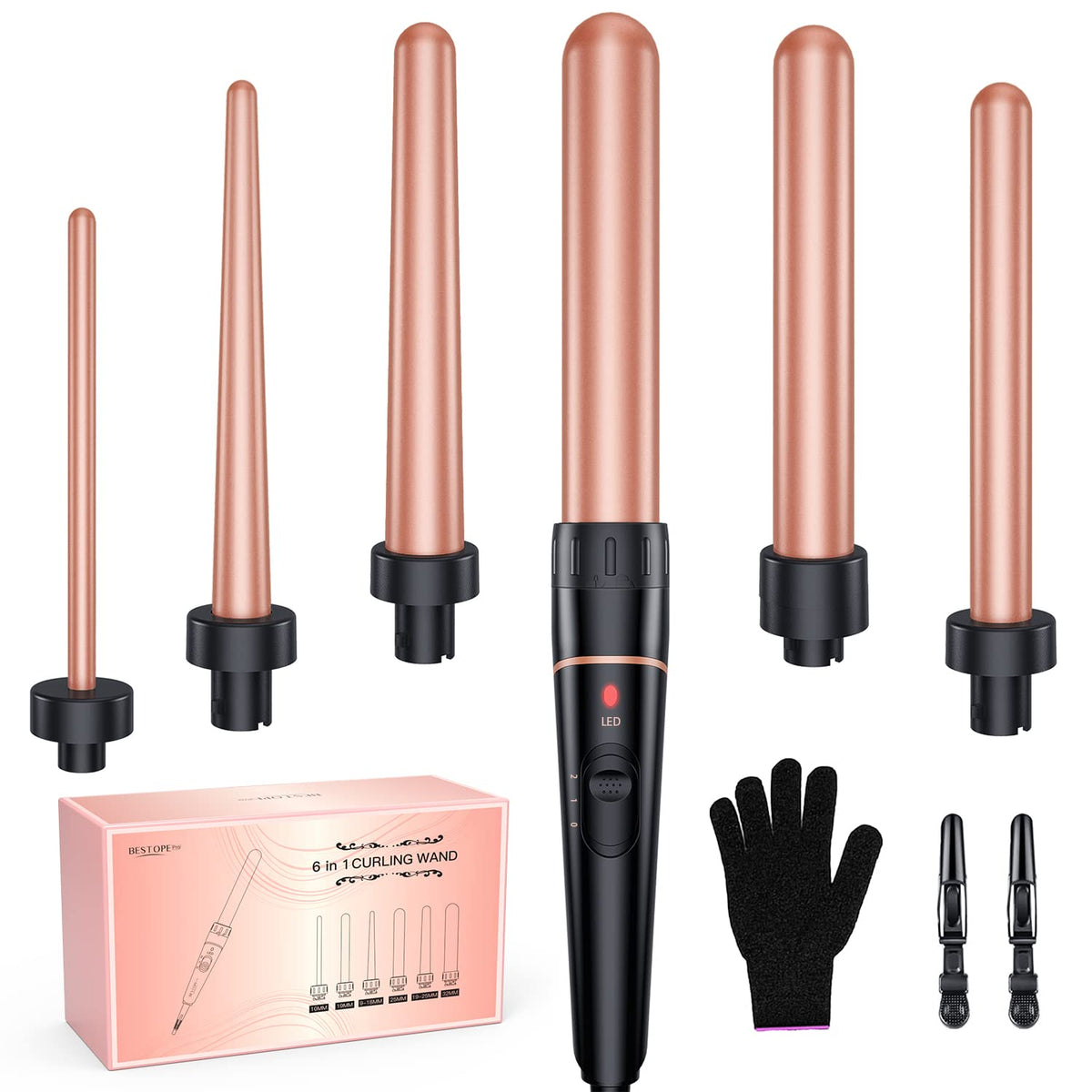 BESTOPE PRO front view of curling wand kit showing all barrels and handle for versatile styling