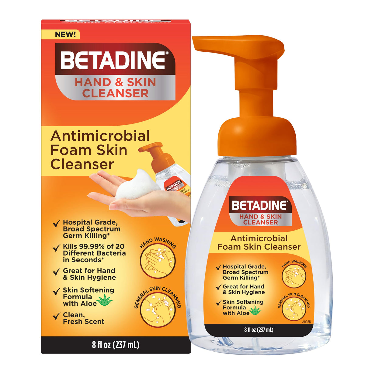Betadine front pump bottle showing label and easy dispensing benefit