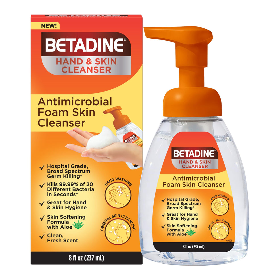 Betadine front pump bottle showing label and easy dispensing benefit