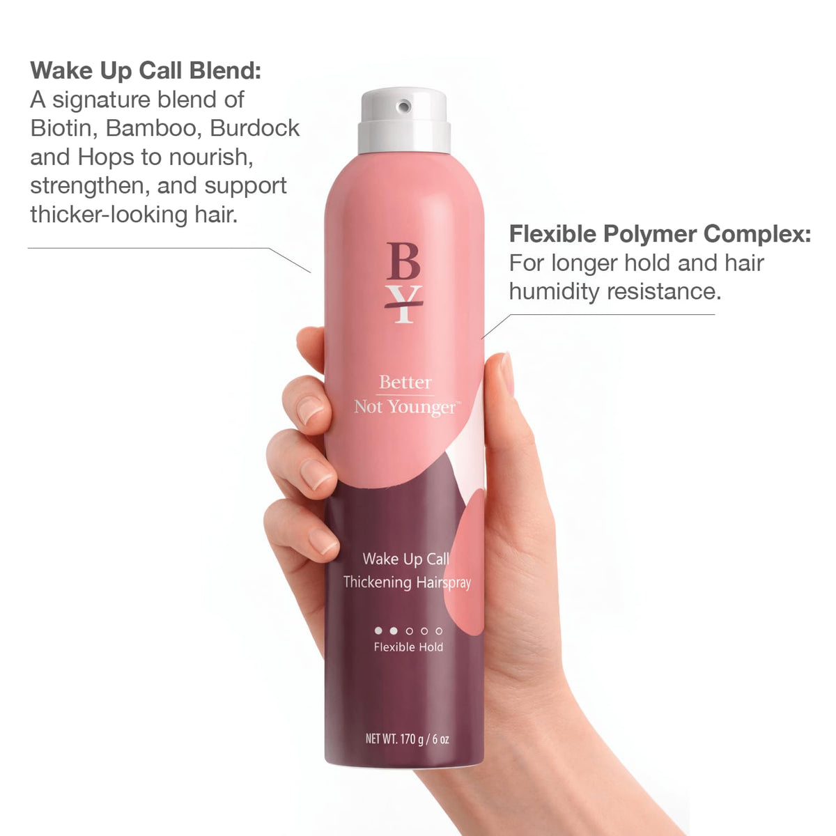 Better Not Younger fine mist close-up highlighting lightweight formula for even coverage