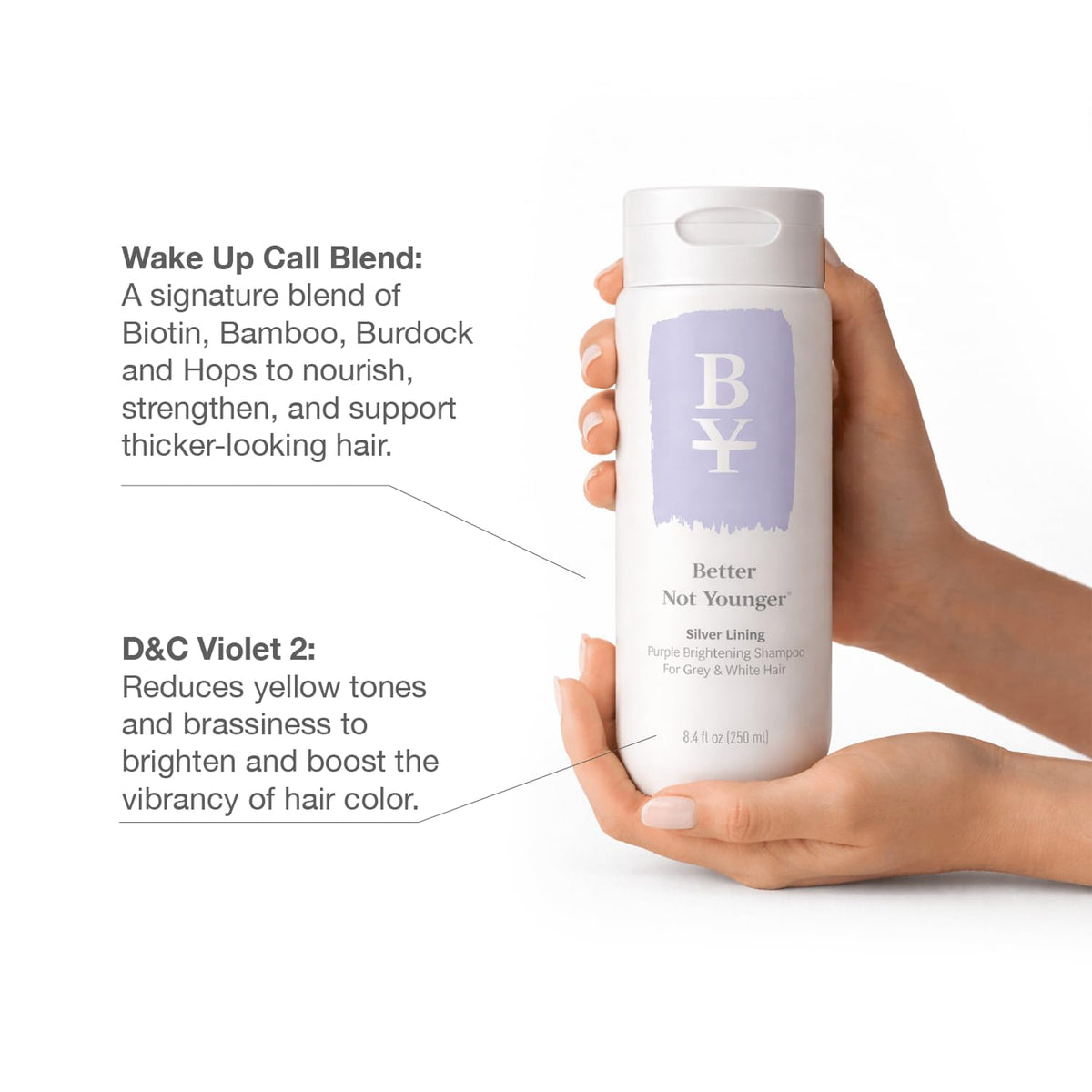 Better Not Younger purple shampoo texture being poured showing creamy consistency