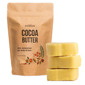 Better Shea Butter front view of 8 oz cocoa block showing pure product and packaging benefit