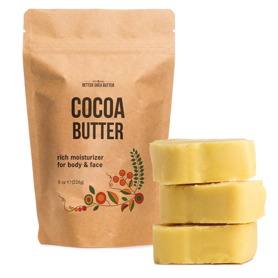 Better Shea Butter front view of 8 oz cocoa block showing pure product and packaging benefit