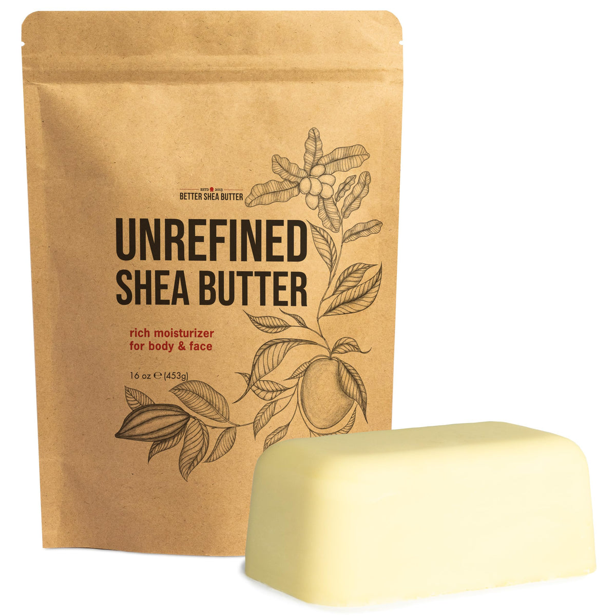 Better Shea Butter front 1 lb block showing packaging and natural texture benefit