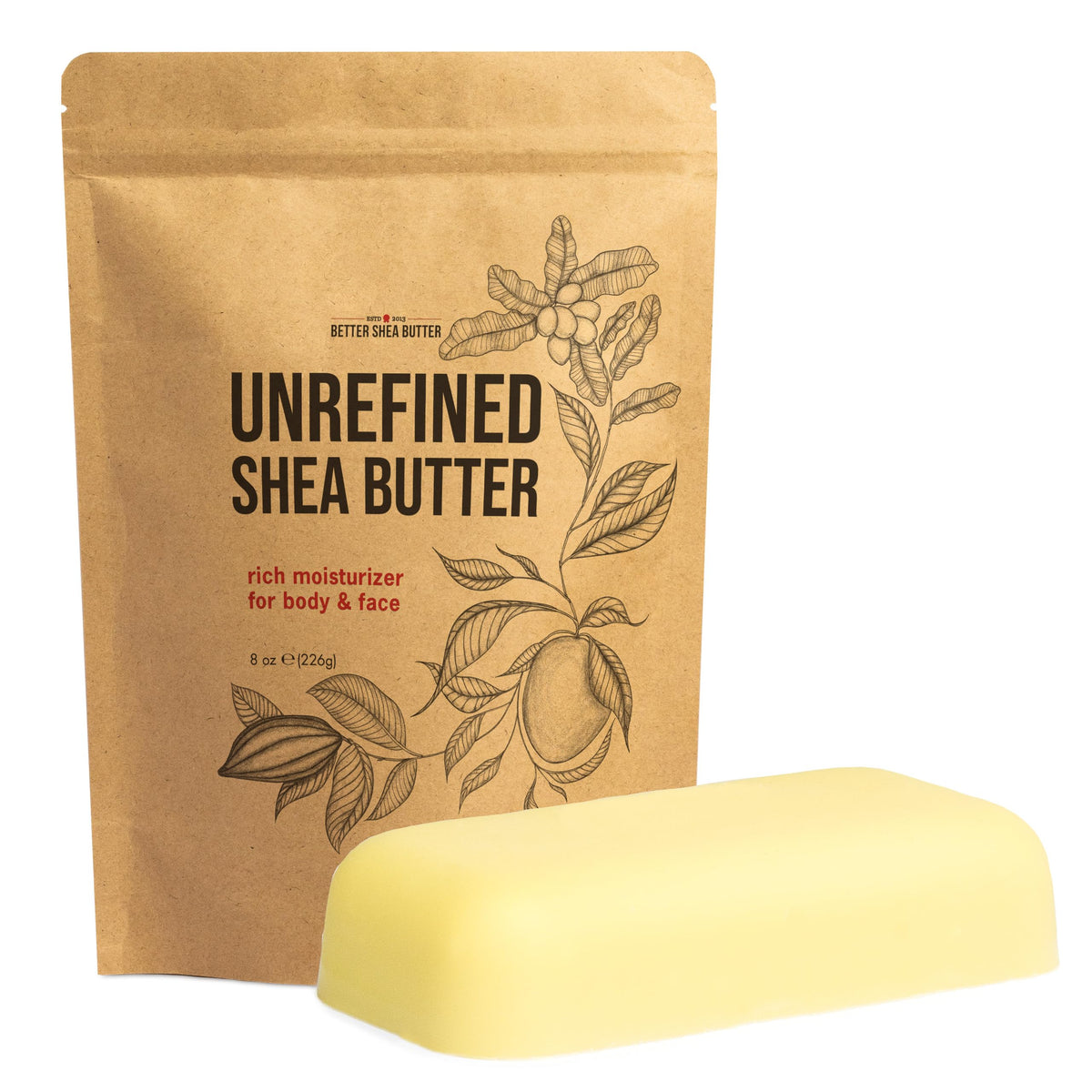 Better Shea Butter front view of 8 oz block showing pure packaging and natural moisture benefit