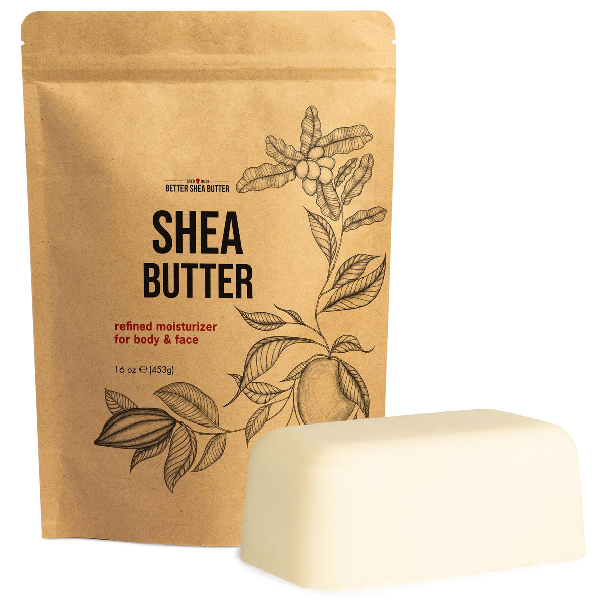 Better Shea Butter front packaging showing pure 1 lb bar for versatile moisturizing