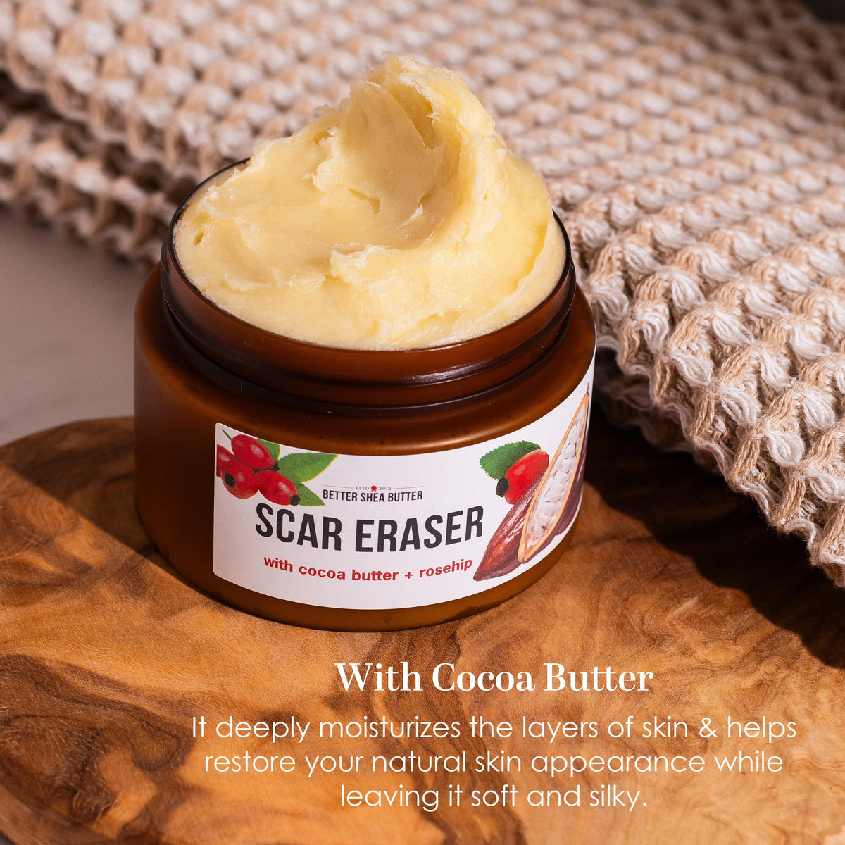 Better Shea Butter open jar showing creamy cocoa-shea texture and spreadability