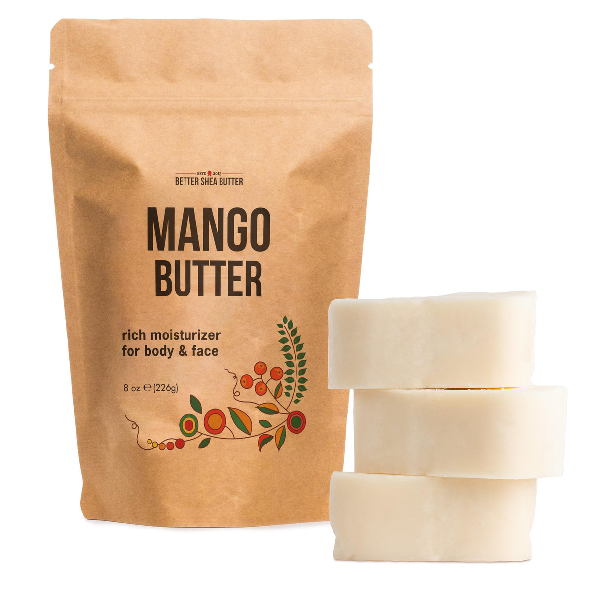 Better Shea Butter front packaging of 8 oz raw mango butter showing label benefits