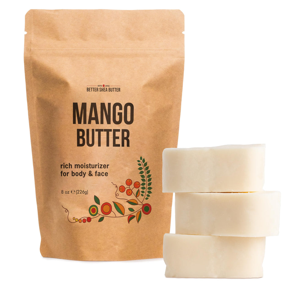 Better Shea Butter front packaging of 8 oz raw mango butter showing label benefits