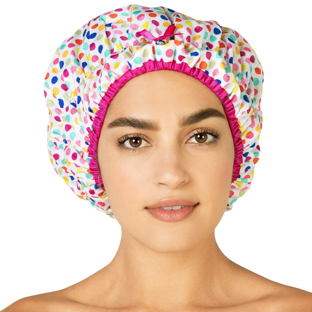 Betty Dain front view of Deco Dots shower cap showing waterproof coverage and stylish trim