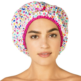 Betty Dain front view of Deco Dots shower cap showing waterproof coverage and stylish trim