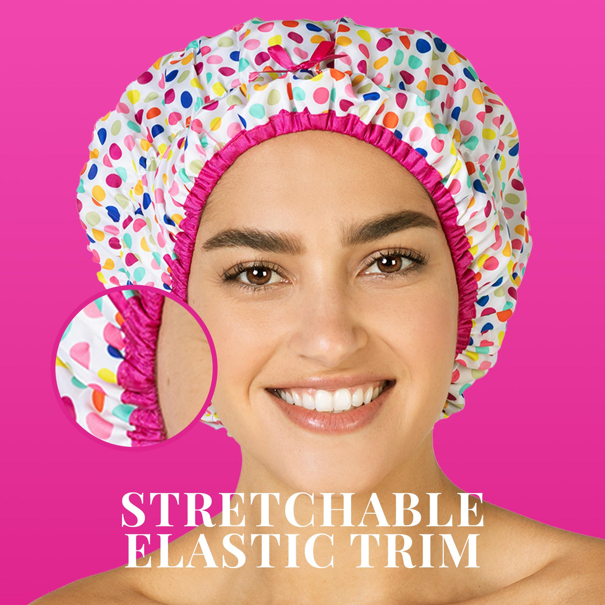 Betty Dain shower cap in bathroom lifestyle scene protecting hair during shower