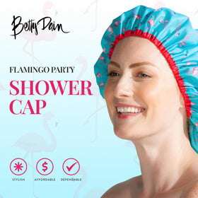 Betty Dain flamingo cap close-up of frosted PEVA texture for waterproof protection