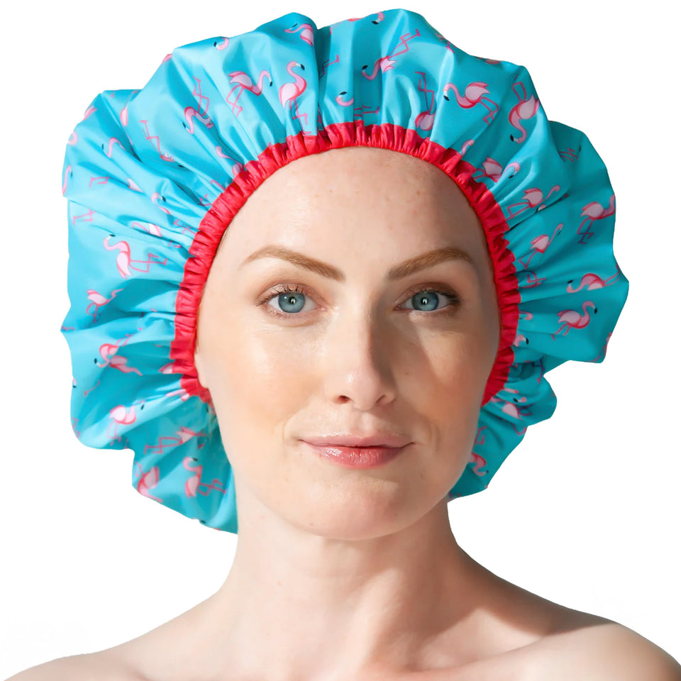 Betty Dain flamingo shower cap front view shows playful pattern and full coverage