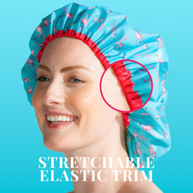 Betty Dain flamingo cap worn by model demonstrating roomy coverage benefit