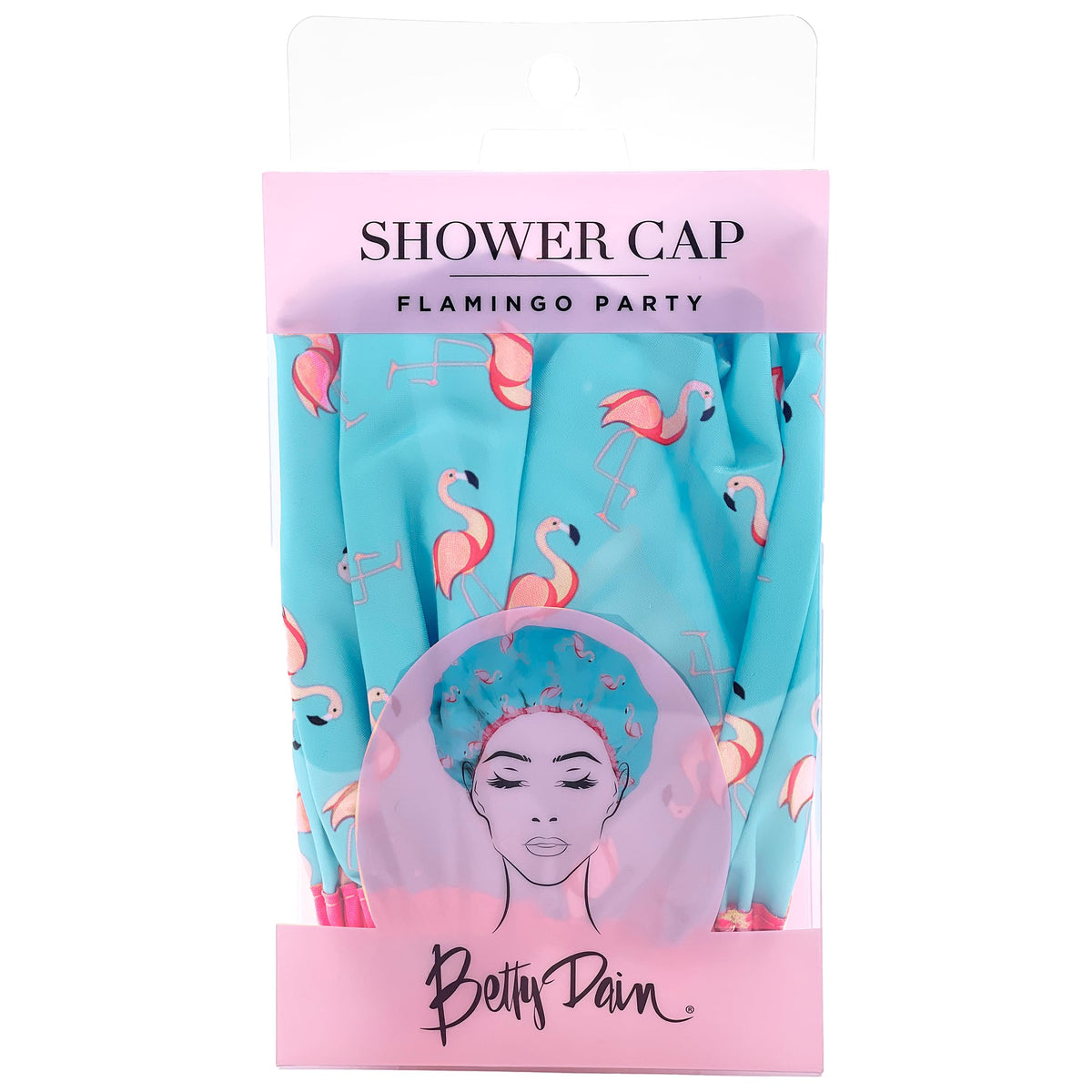 Betty Dain flamingo cap beside ruler scale showing oversized fit advantage