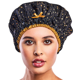 Betty Dain front view of cap showing starry nights print and roomy fit benefit