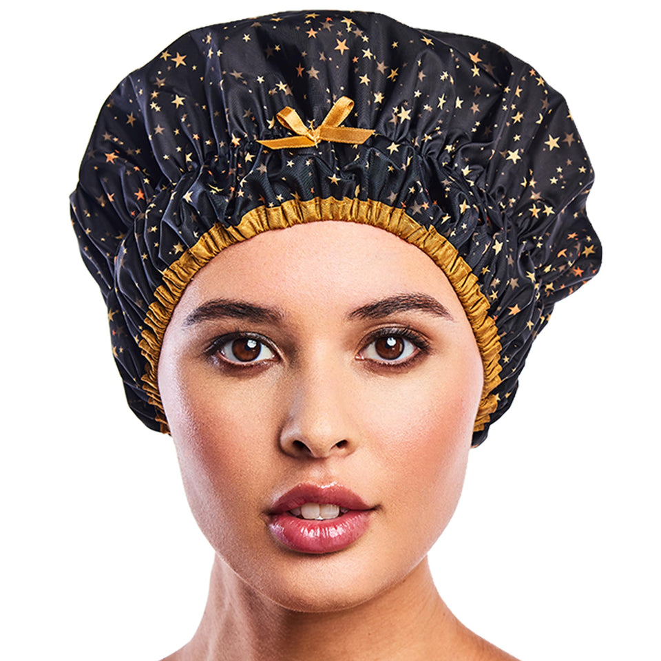 Betty Dain front view of cap showing starry nights print and roomy fit benefit