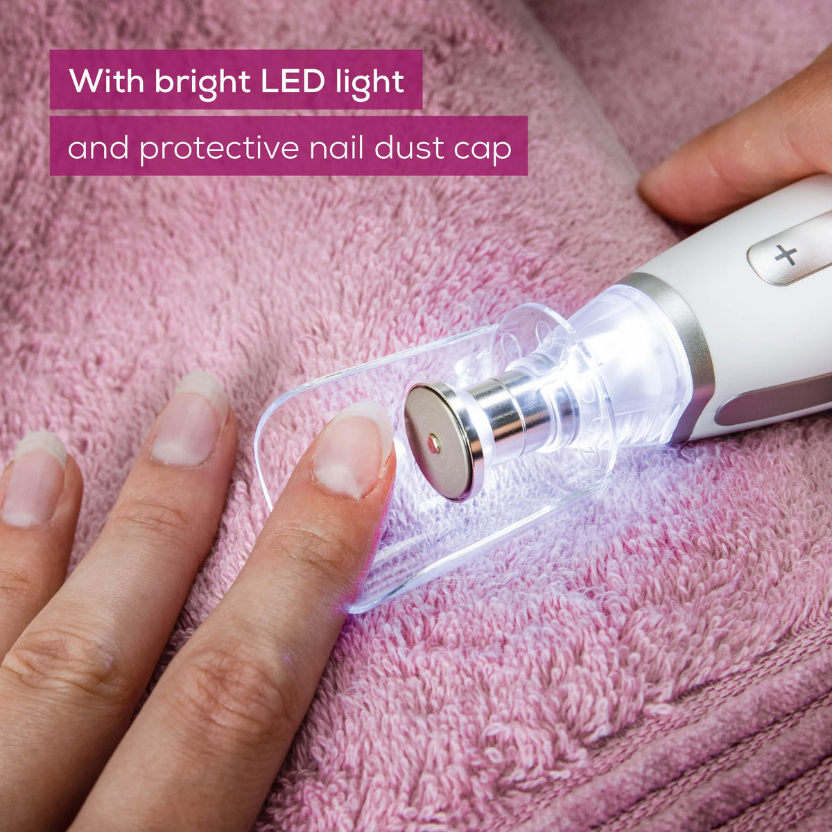 Beurer MP62 LED light illuminating a nail for accurate, detailed filing