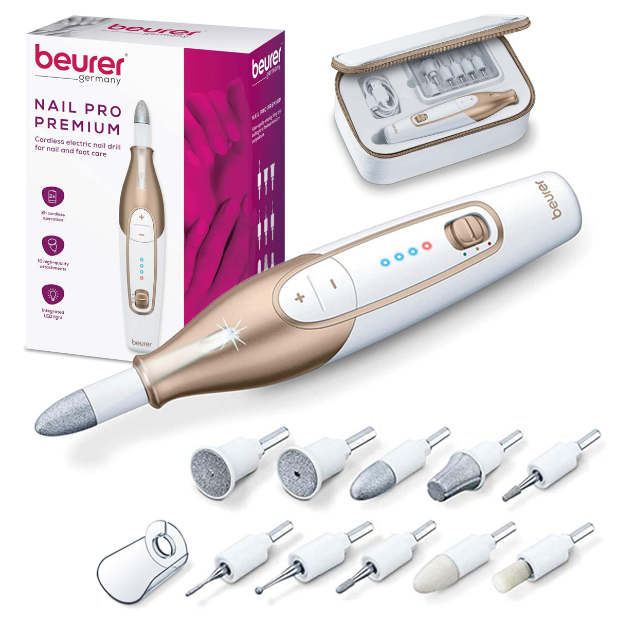 Beurer MP64 front view showing cordless nail drill and control buttons for easy handling
