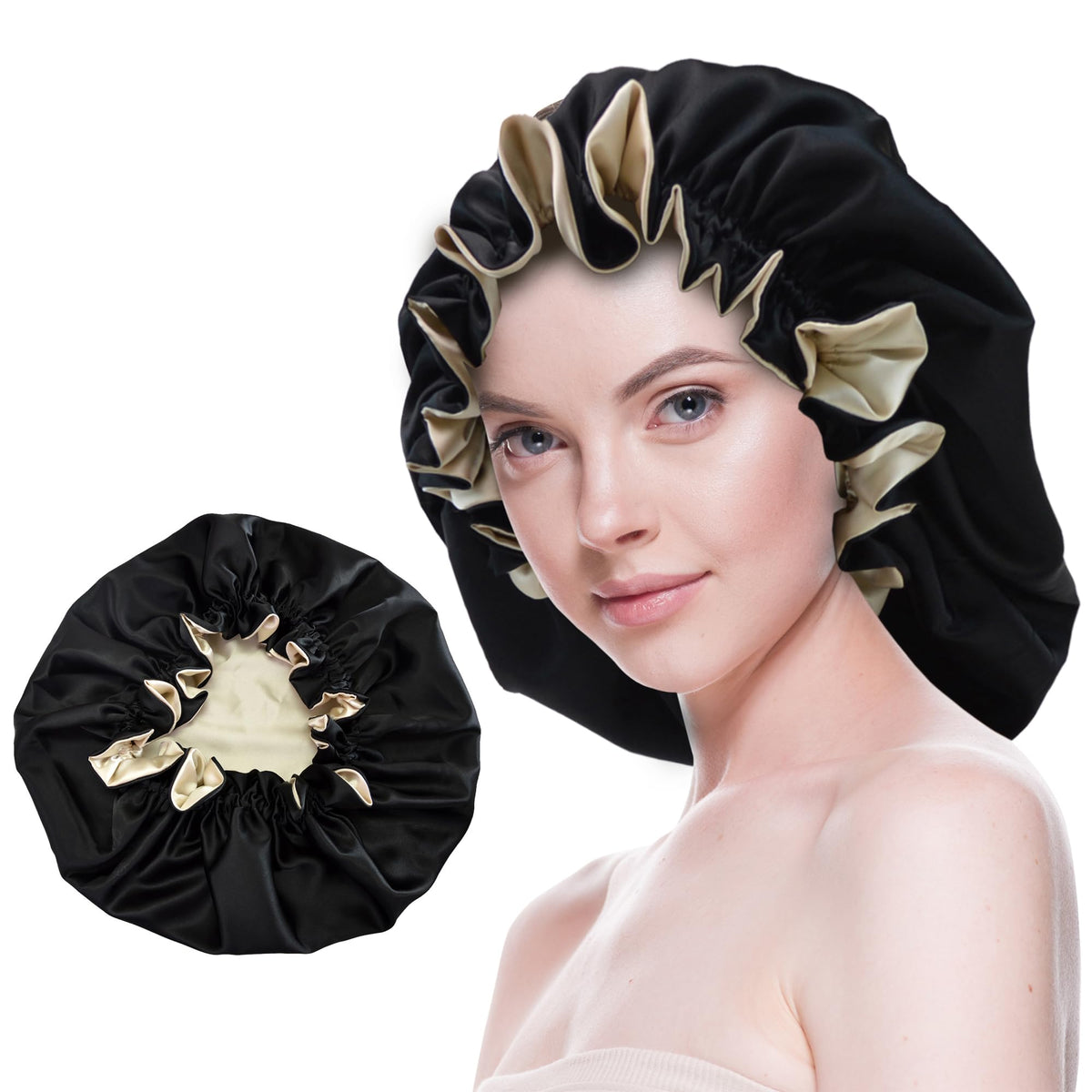 Beutyme front view black bonnet showing smooth satin and neat elastic fit for protection