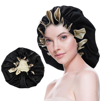 Beutyme front view black bonnet showing smooth satin and neat elastic fit for protection