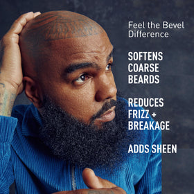 Bevel beard conditioner open with product pouring showing smooth texture and easy application