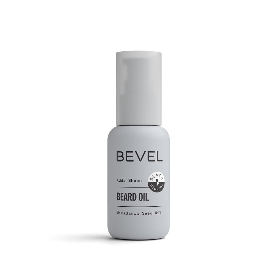 Bevel bottle front packaging showing label and 1 oz size, highlights grooming benefit
