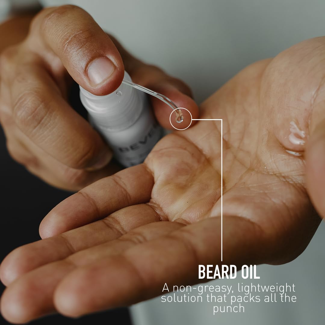 Bevel pipette dispensing beard oil drop, illustrates easy application and control