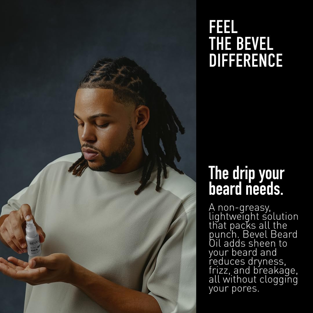 Bevel beard oil droplet on hand texture shot, demonstrates lightweight absorption