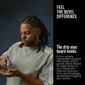 Bevel beard oil droplet on hand texture shot, demonstrates lightweight absorption