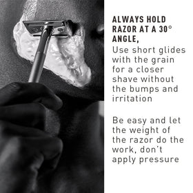 Bevel blade head detail showing double-edge alignment for reduced irritation