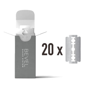 Bevel front packaging of 20 blades showing brand and pack benefit