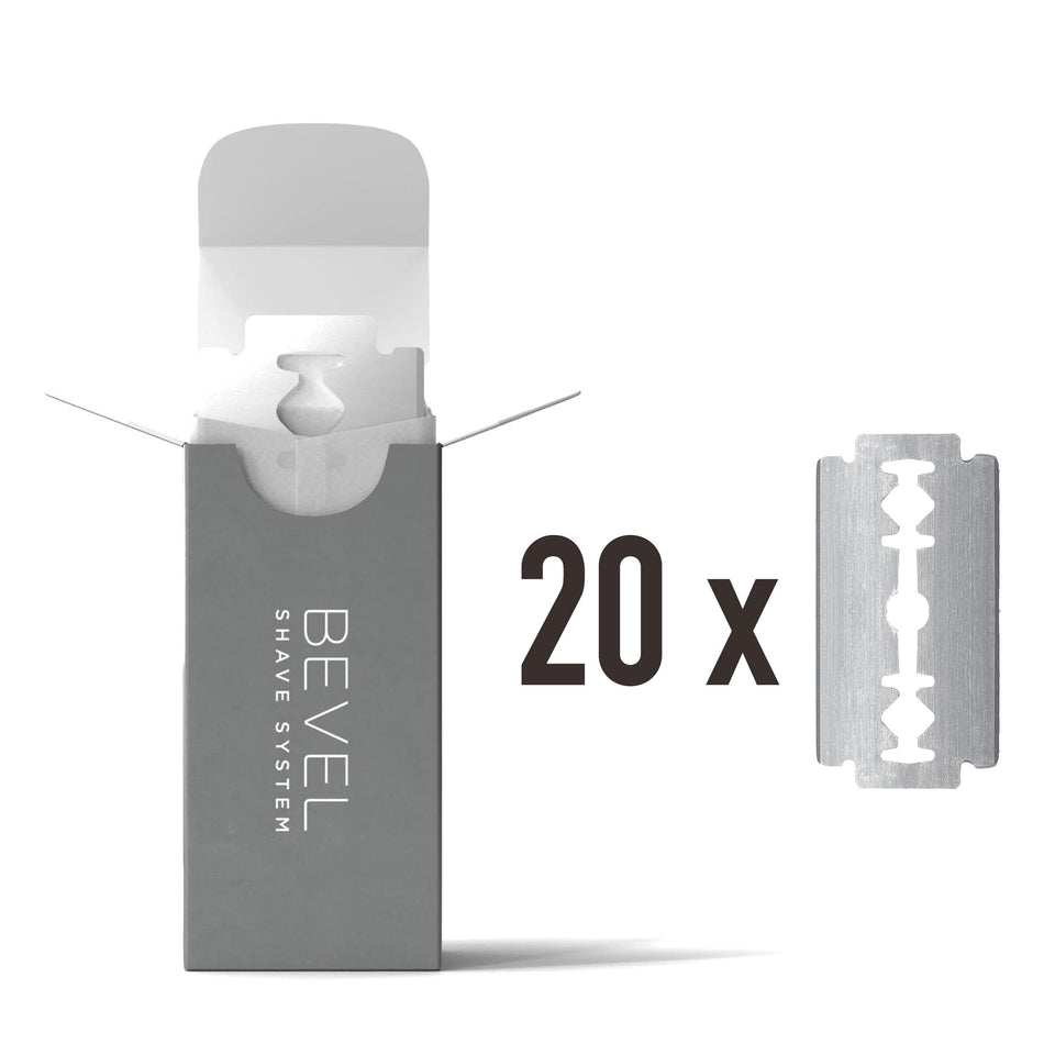 Bevel front packaging of 20 blades showing brand and pack benefit